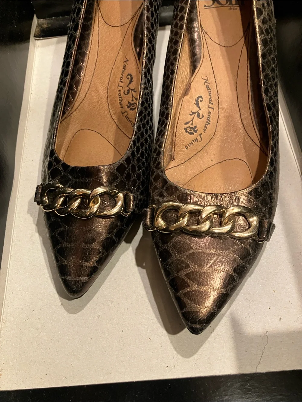 Sofft Metallic Black Snakeskin-Print Pointed Toe Wedges with Gold Chain